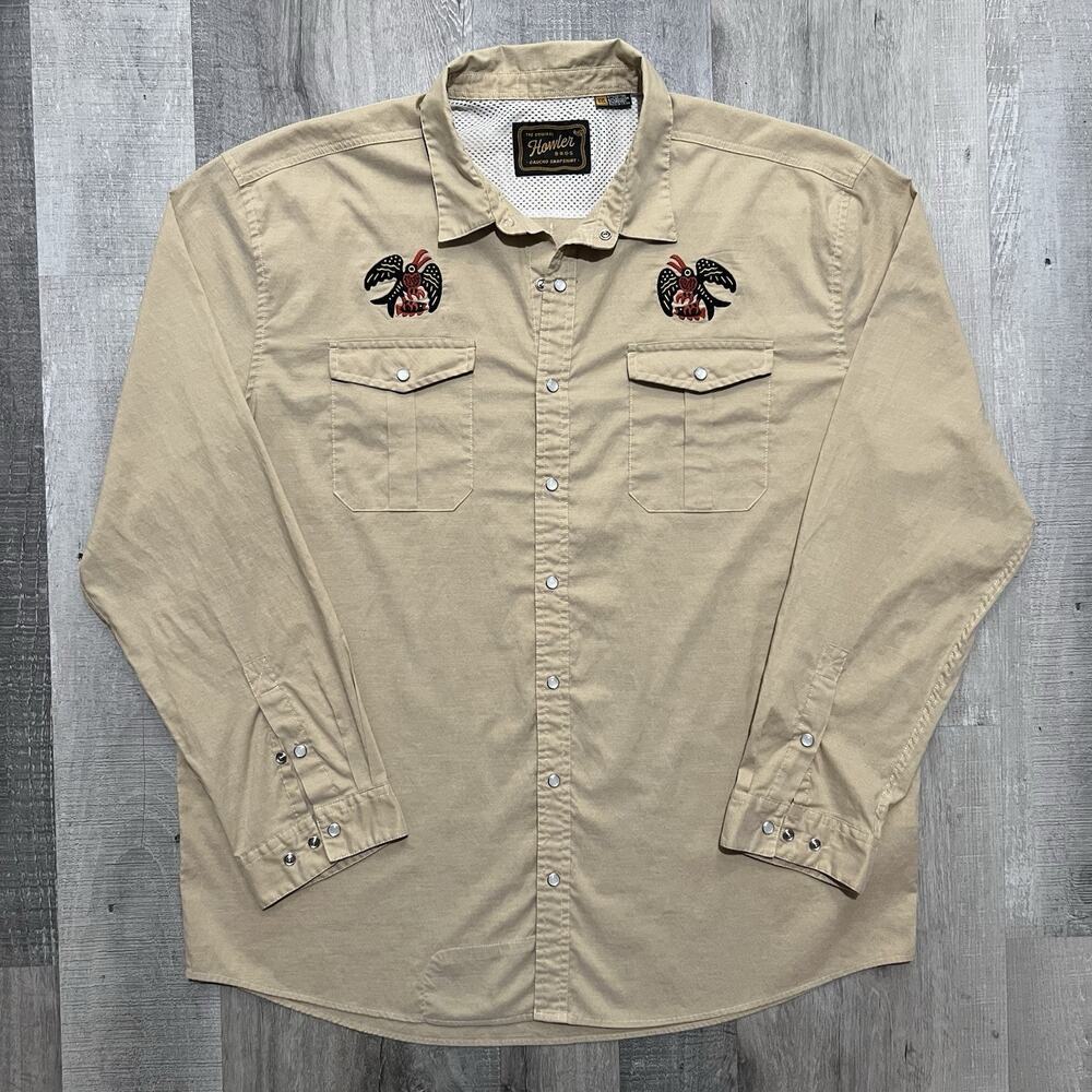 Howler Bros Gaucho Snapshirt Mens 2XL Tan Frigate Bird Western Cowboy Pearl Snap